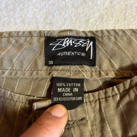 Vintage Stussy Mens Cargo Pants Tan Pinstripe Drawstring Bottom Size‎ 30 Cotton - Picture 5 of 12